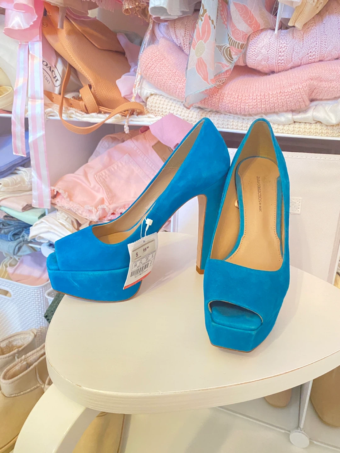 Zara Collection by Basic Blue Suede Peep-Toe Platform Heels - photo 2