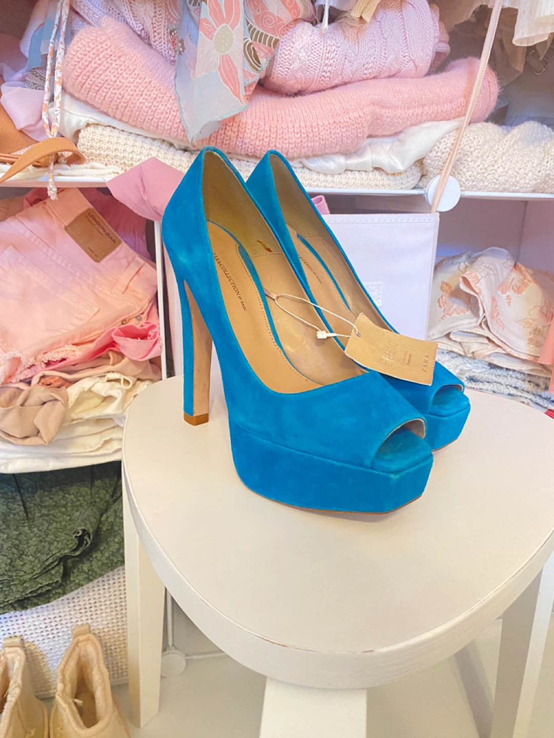 Zara Collection by Basic Blue Suede Peep-Toe Platform Heels