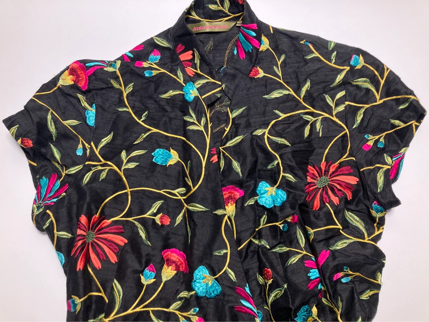 Antoine & Lili Embroidered Silk Black Floral Dress