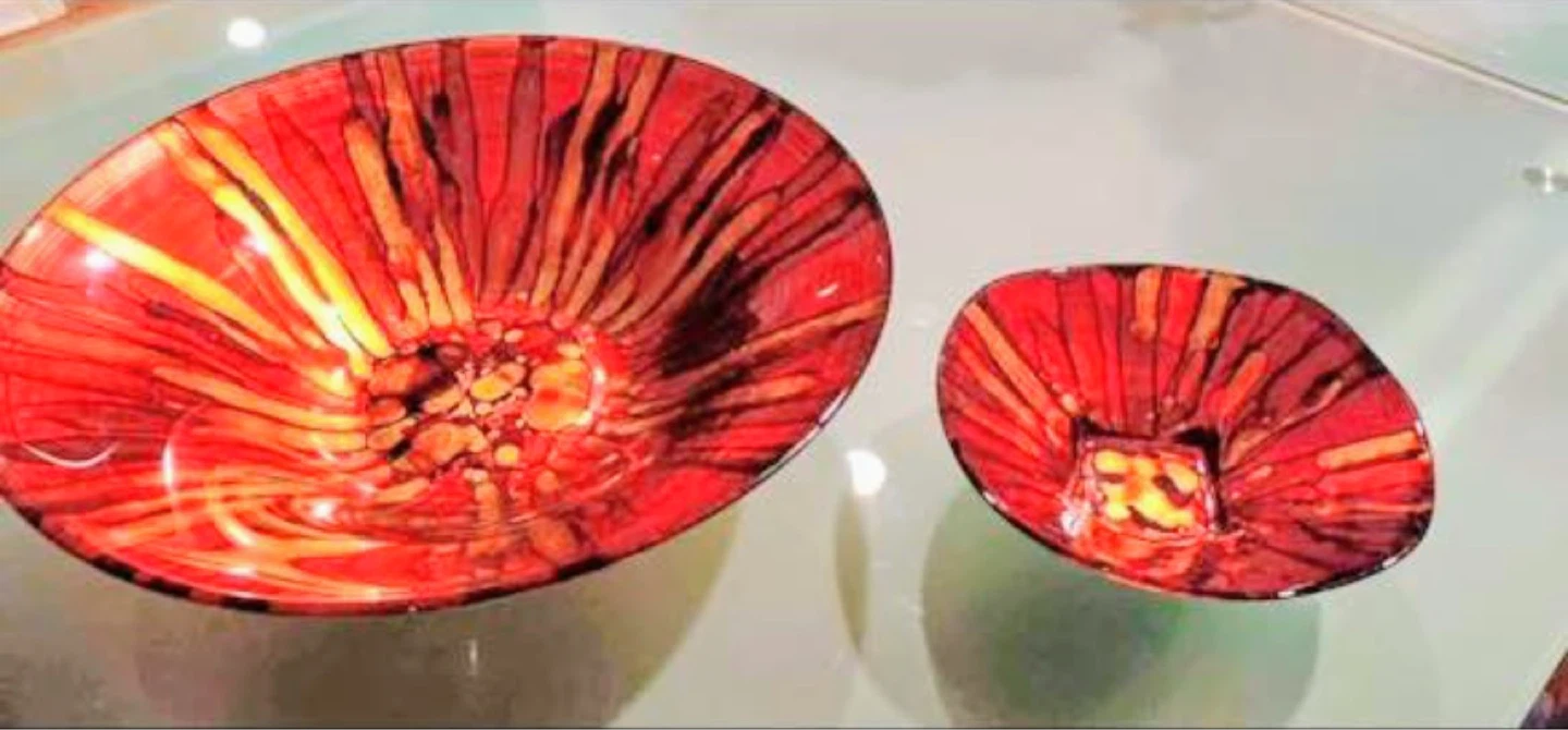 Pier 1 Set of 2 Decorative Red and Yellow Swirl Art Glass Bowls