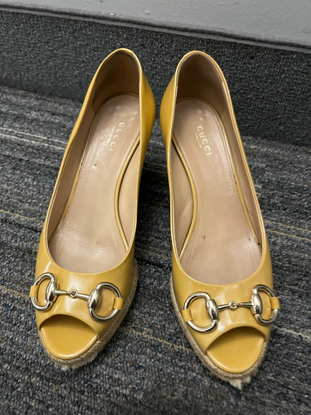 Yellow Gucci Wedge Peep-Toe Heels (size 36)
