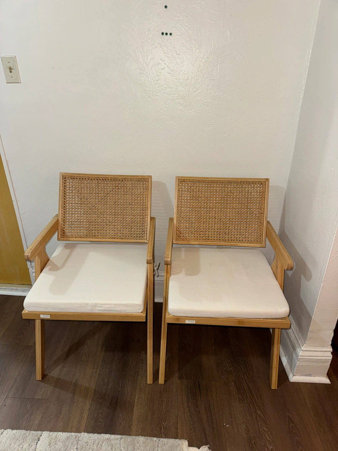 Set of 2 Wood Arm Chairs with Cane Back and White Cushions - photo 2