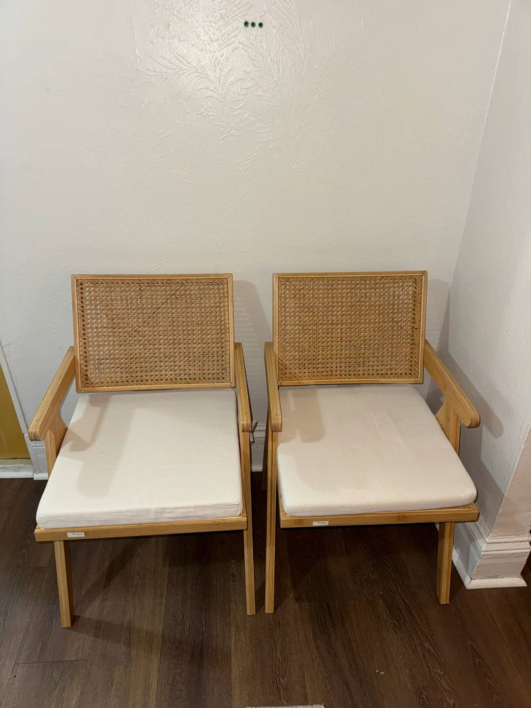 Set of 2 Wood Arm Chairs with Cane Back and White Cushions - photo 3