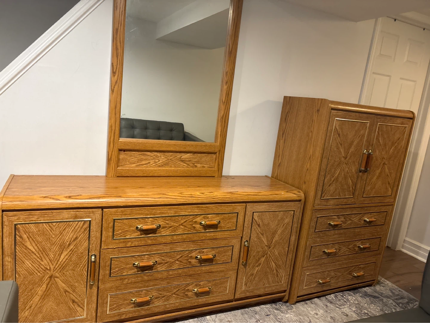 Wooden Dresser with Mirror and Tall Cabinet