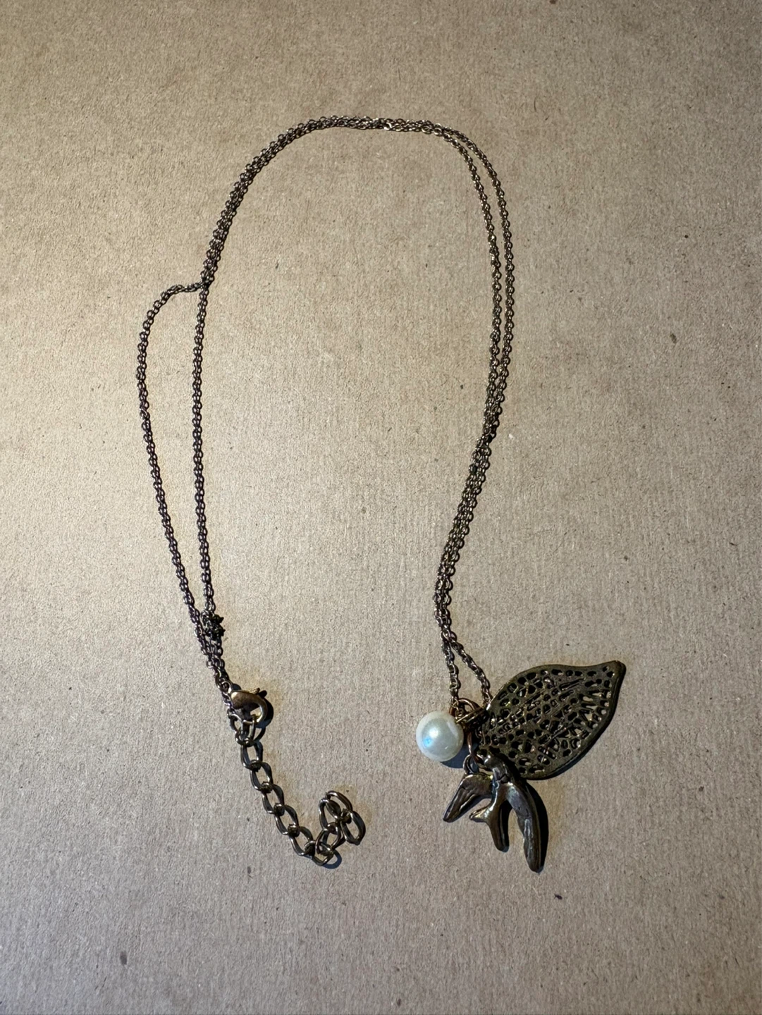 Ornate Bird and Pearl Pendant Necklace