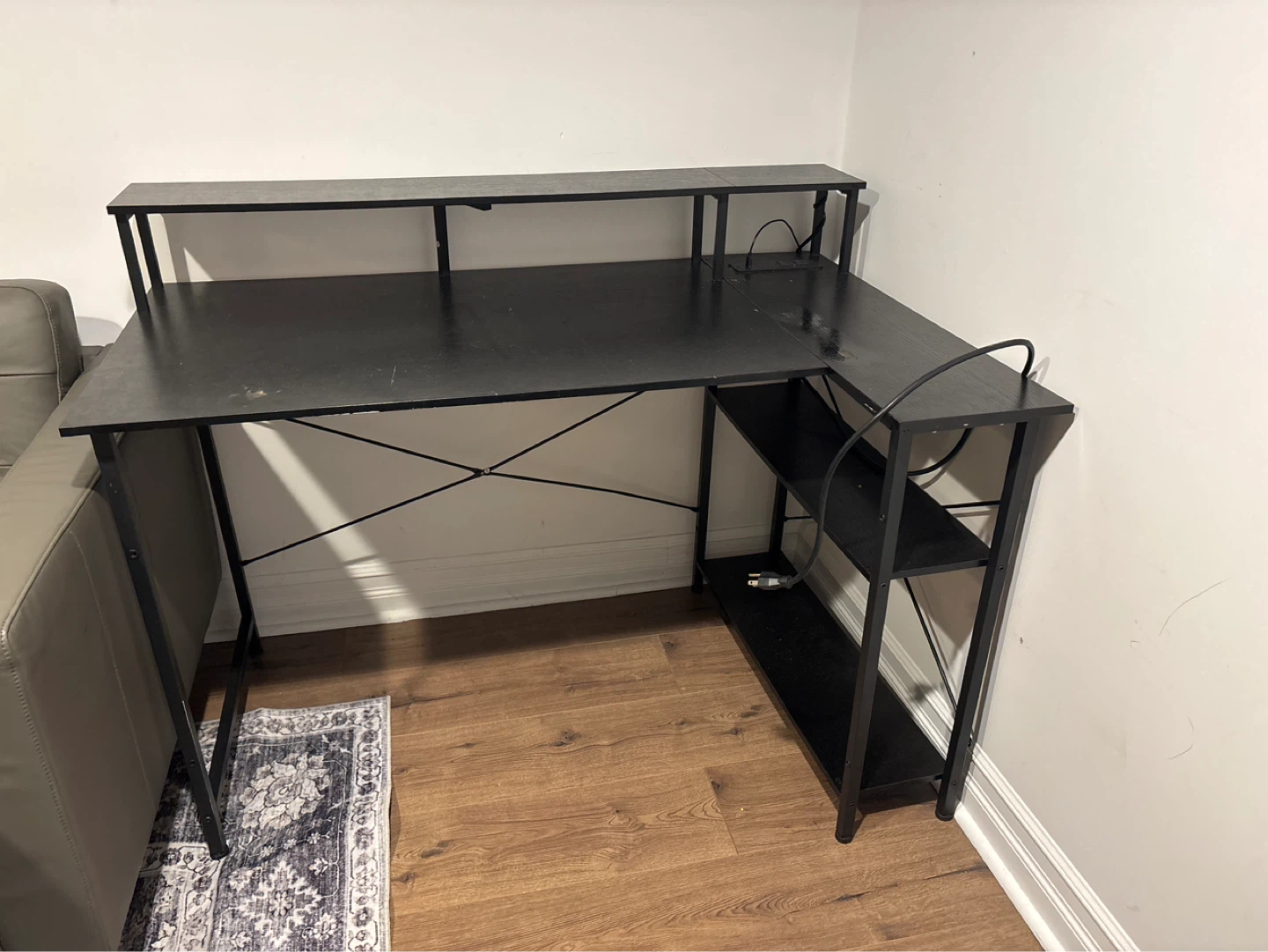 Black L-Shaped Computer Desk with Shelves and Hutch