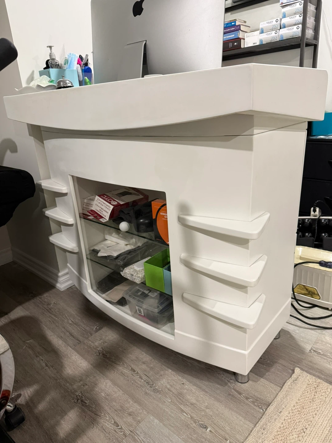 White Reception Desk with Shelving