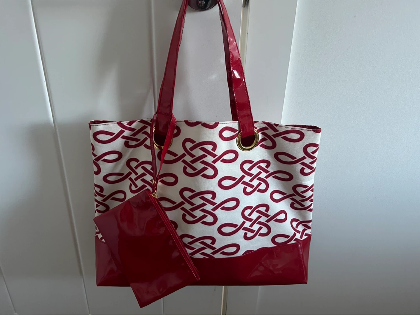 Red and White Patterned Tote Bag with Matching Pouch