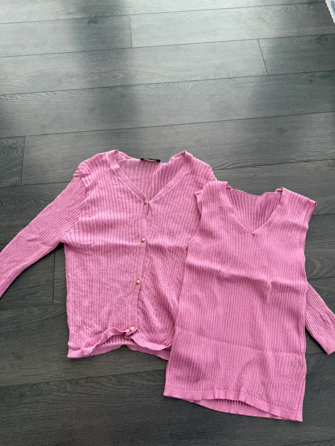 Pink Ribbed Cardigan and Tank Top Set