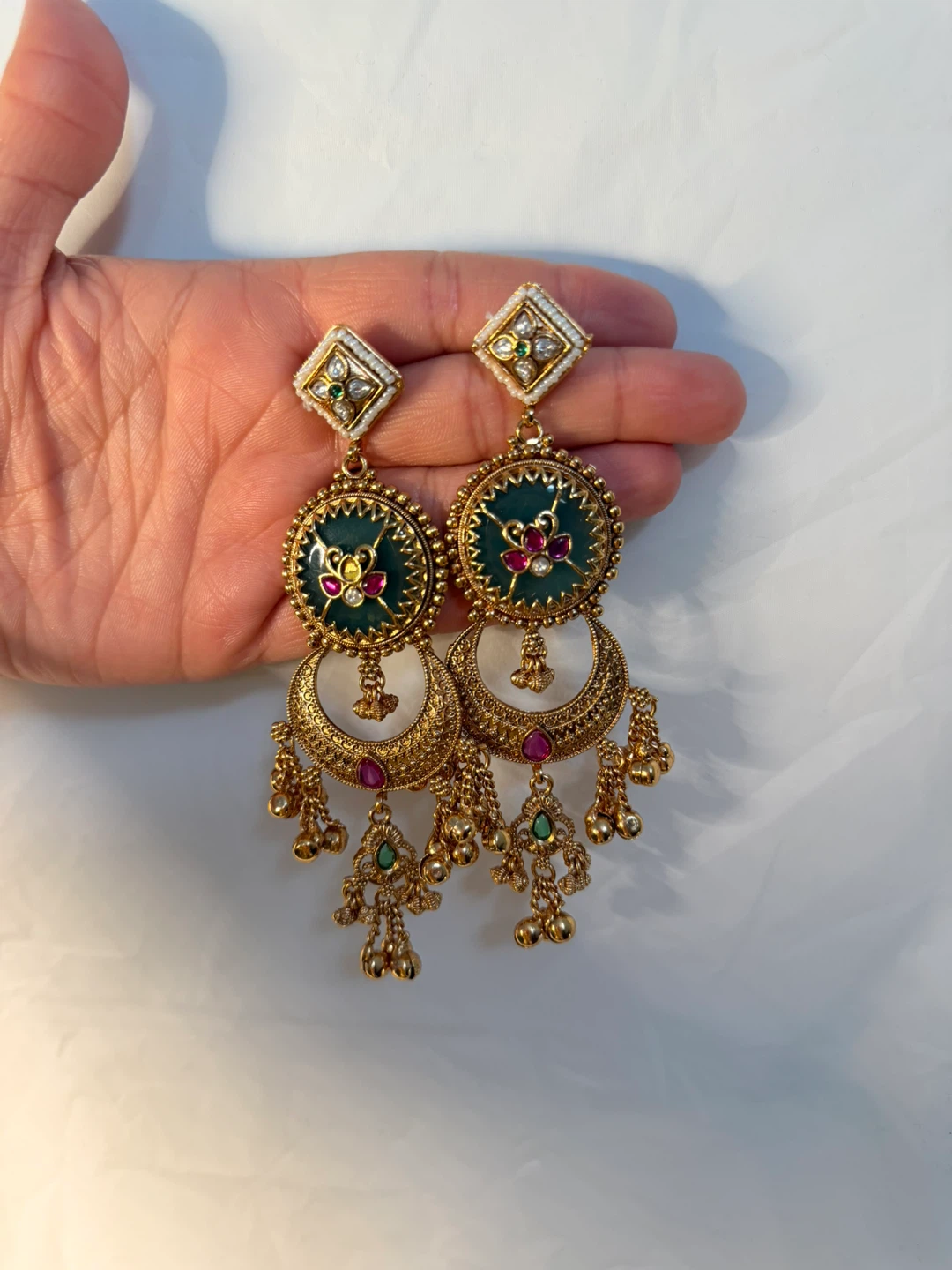 Chandelier Earrings with Green and Pink Accents