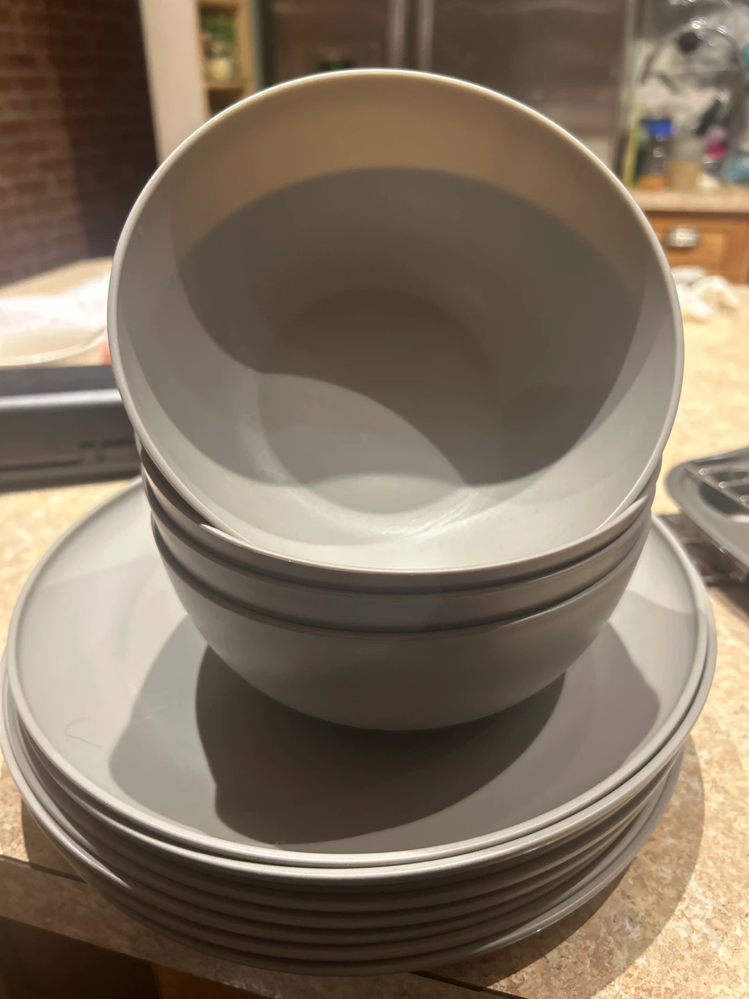 Stack of 6 Grey Dinner Plates and 4 Bowls