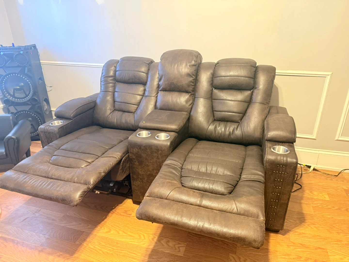 Brown Leather Loveseat Recliner with Cup Holders and Storage