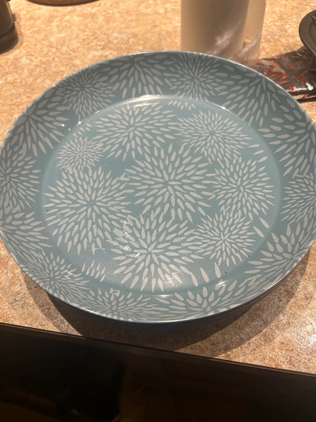 Light Blue Plate with White Dandelion Pattern