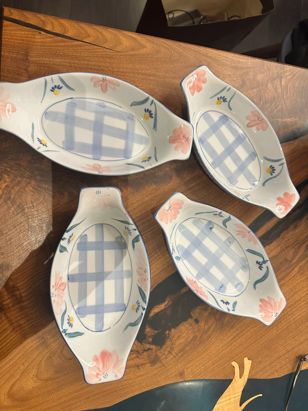 Set of 4 Floral Pattern Oval Dishes