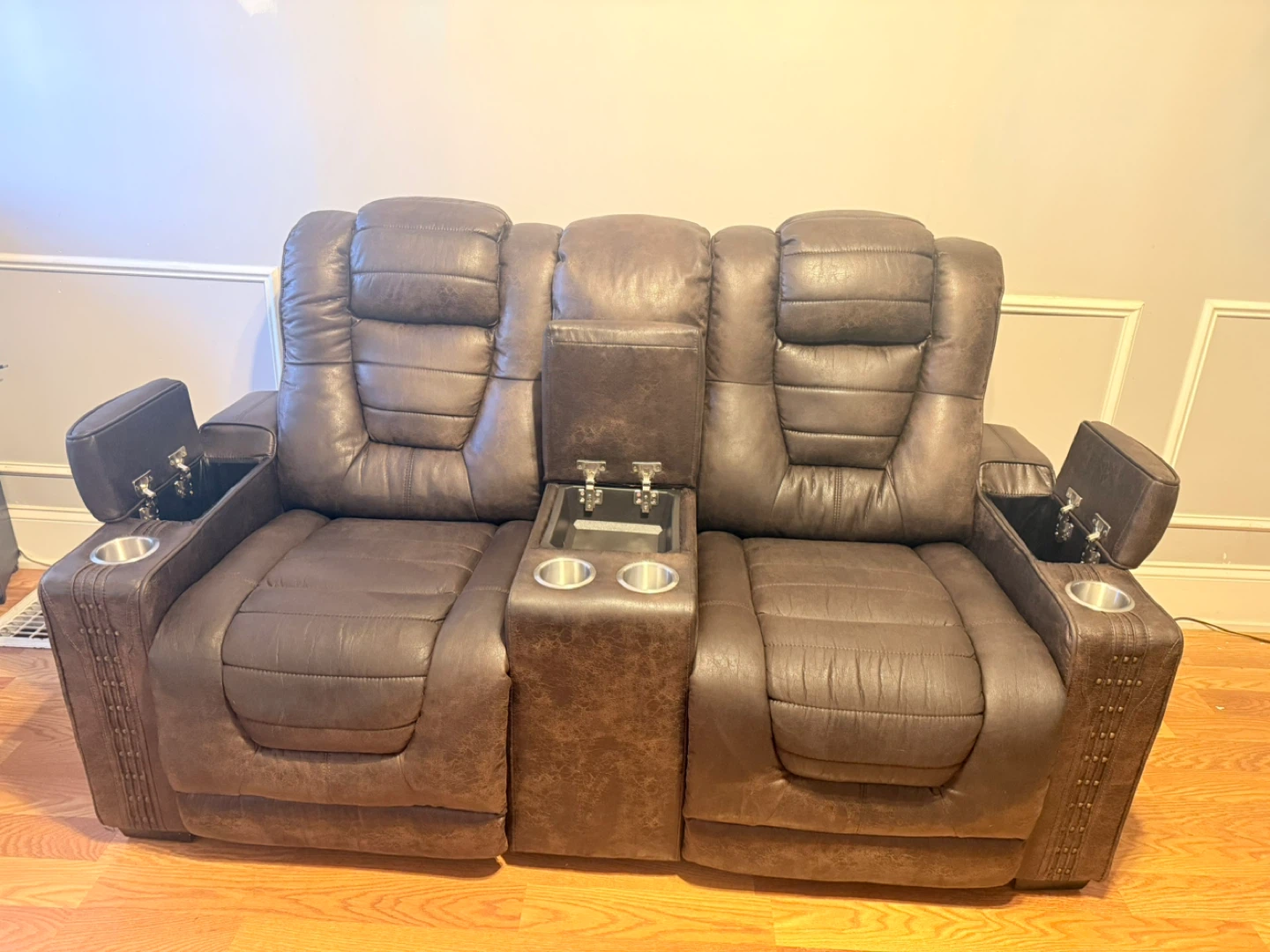 Brown Leather Loveseat Recliner with Cup Holders and Storage - photo 3