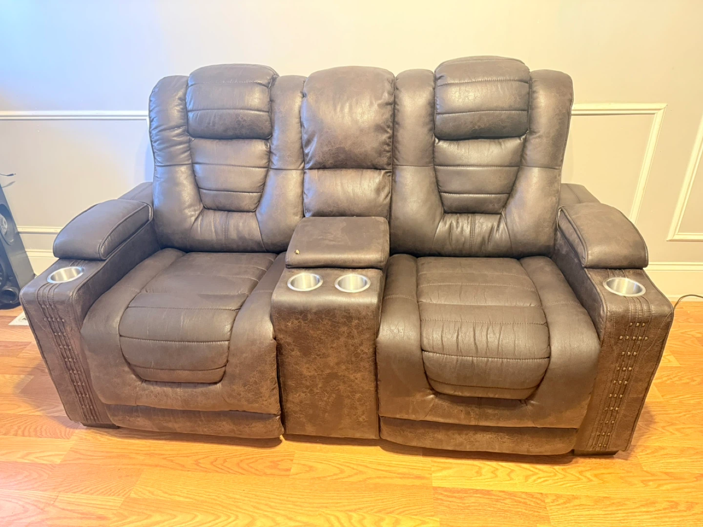 Brown Leather Loveseat Recliner with Cup Holders and Storage - photo 4