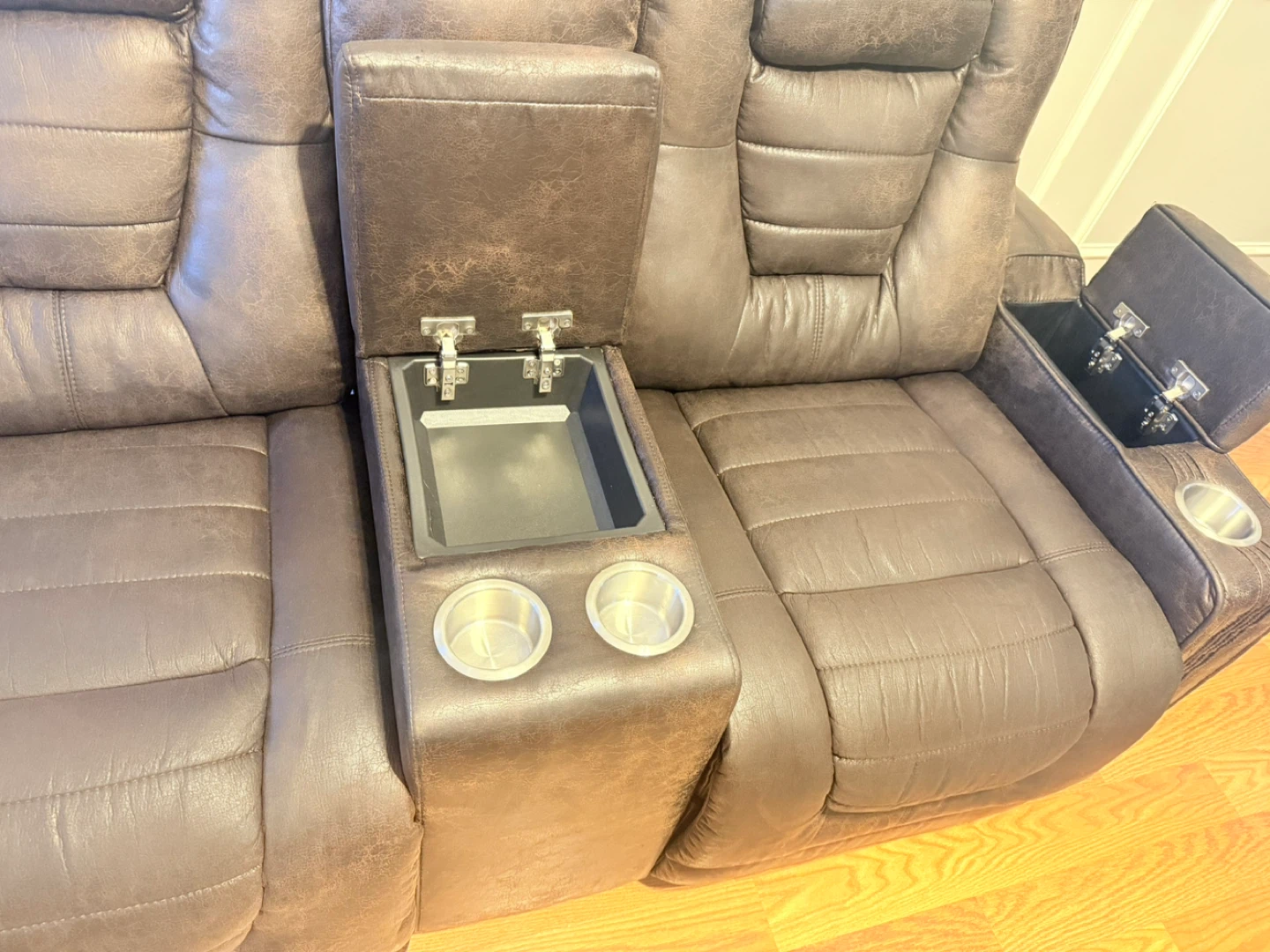 Brown Leather Loveseat Recliner with Cup Holders and Storage - photo 2