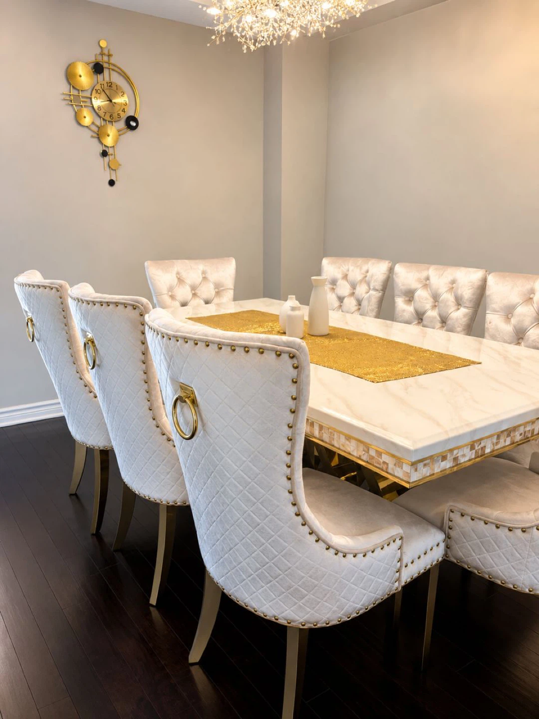 White marble dining table with 8 chairs