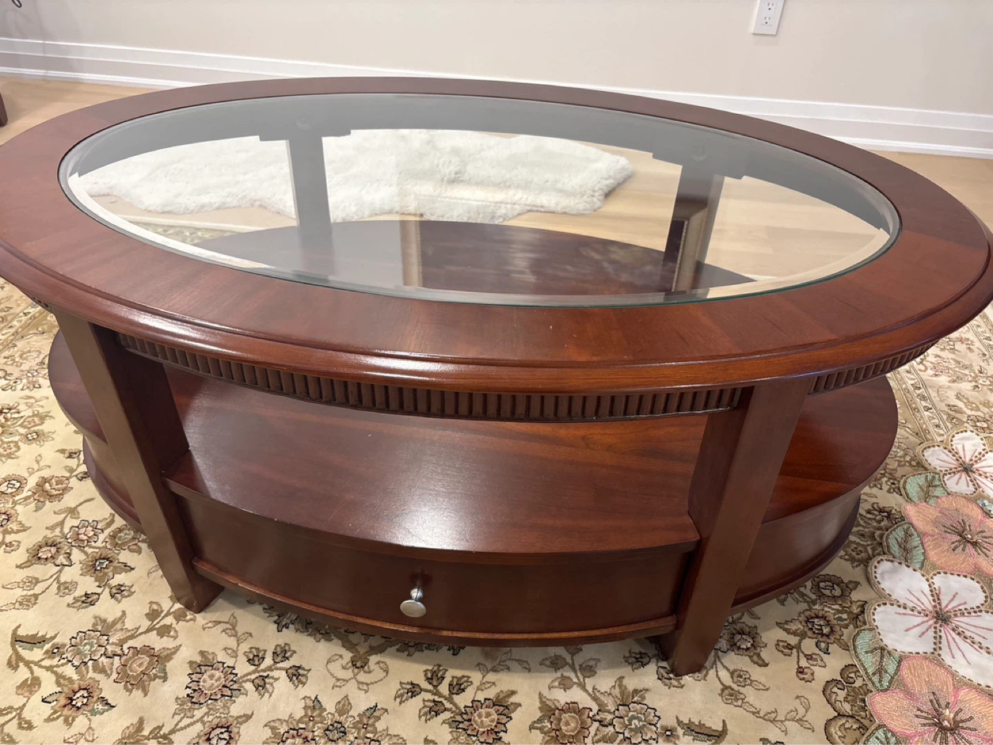 Oval Coffee Table with Glass Top and 2 Drawer