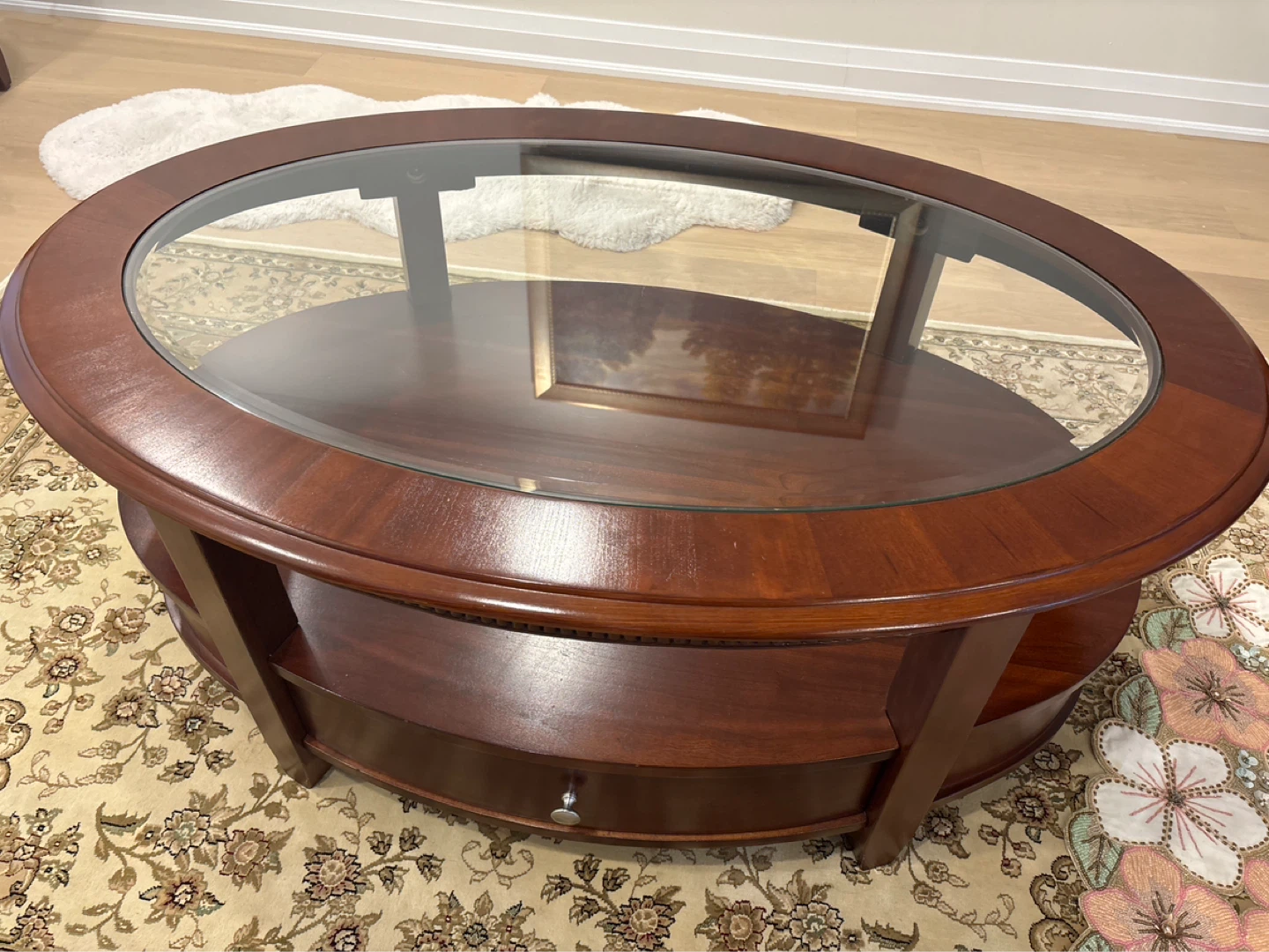 Oval Coffee Table with Glass Top and 2 Drawer - photo 2