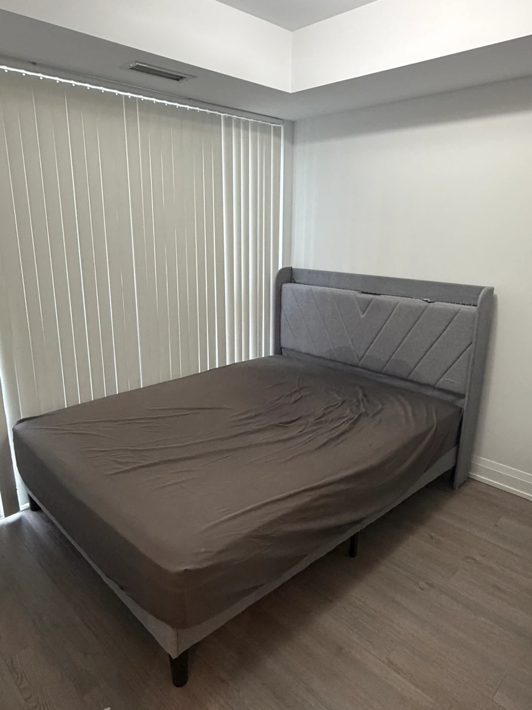 Grey Upholstered Queen Bed Frame with LED Headboard + Mattress
