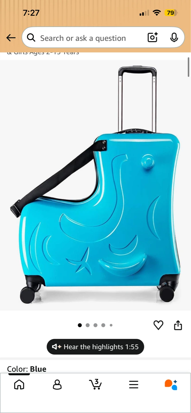 Blue Kids Ride-On Suitcase with Wheels