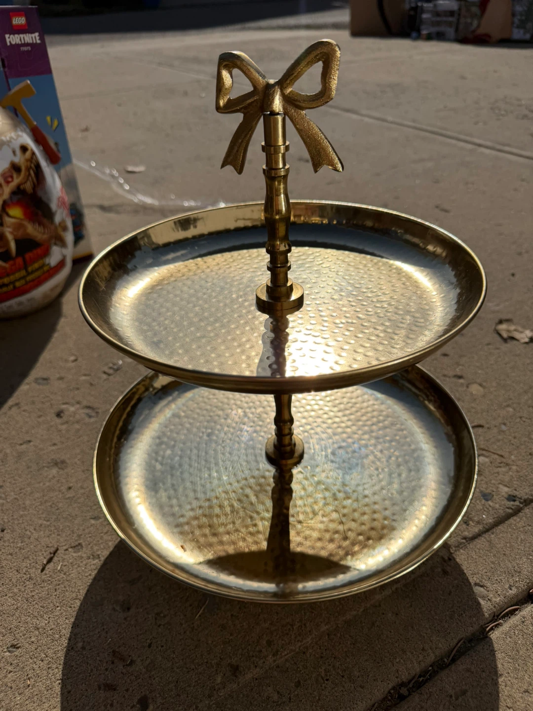 Brass Two-Tiered Serving Stand with Bow Accent