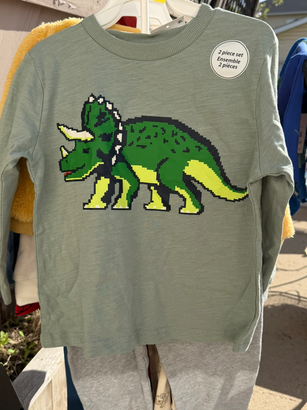 Kids Green Pixel Dinosaur Long Sleeve T-Shirt