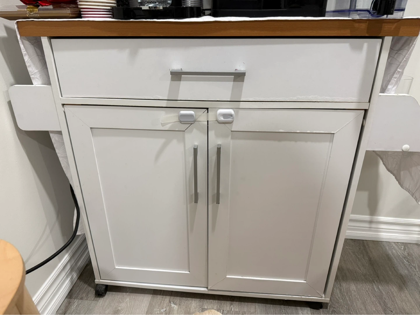 White Kitchen Cart with Drawer and Cabinet Storage