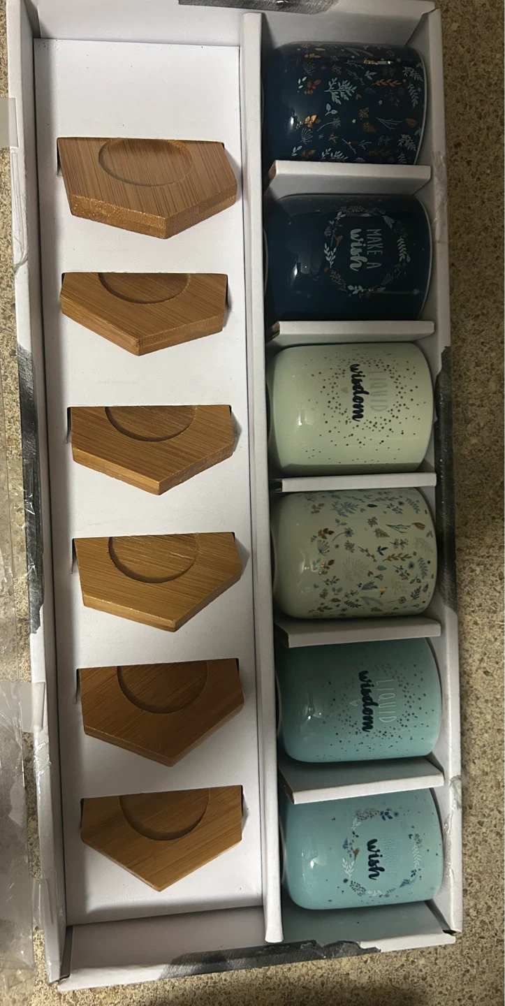 Set of 6 Ceramic Mugs with Bamboo Coasters