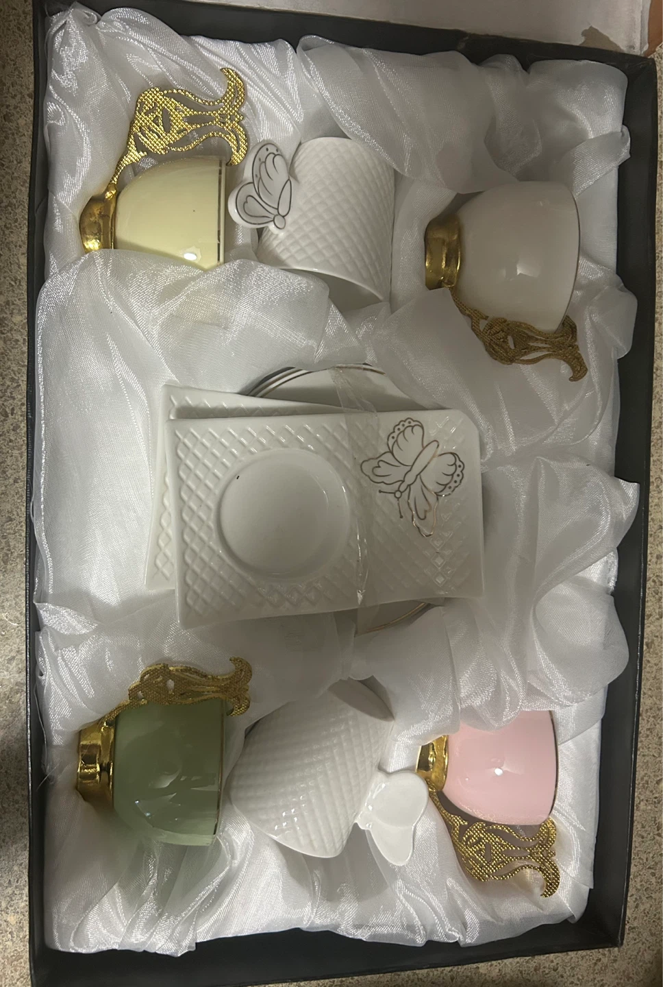 Set of 6 Coffee Cups and Saucers with Butterfly Design