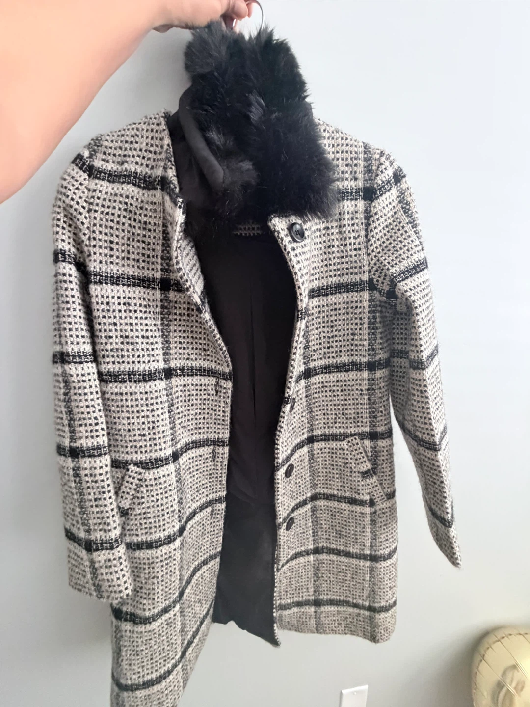 Women's Plaid Coat with Faux Fur Collar