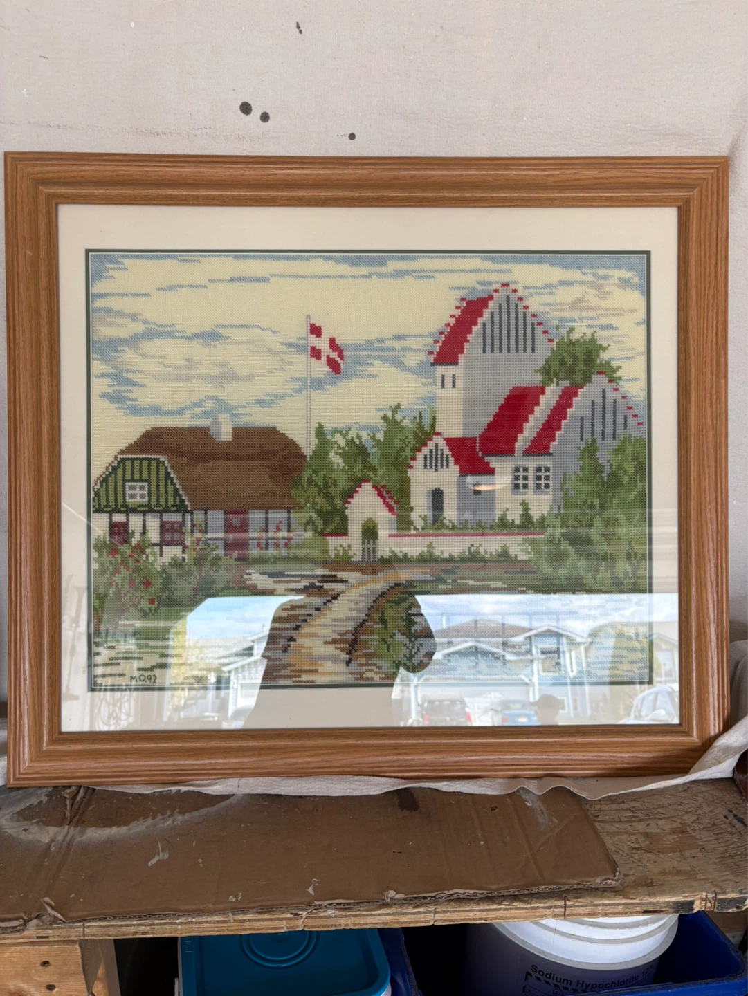 Framed Cross-Stitch Deer and Village Scenes