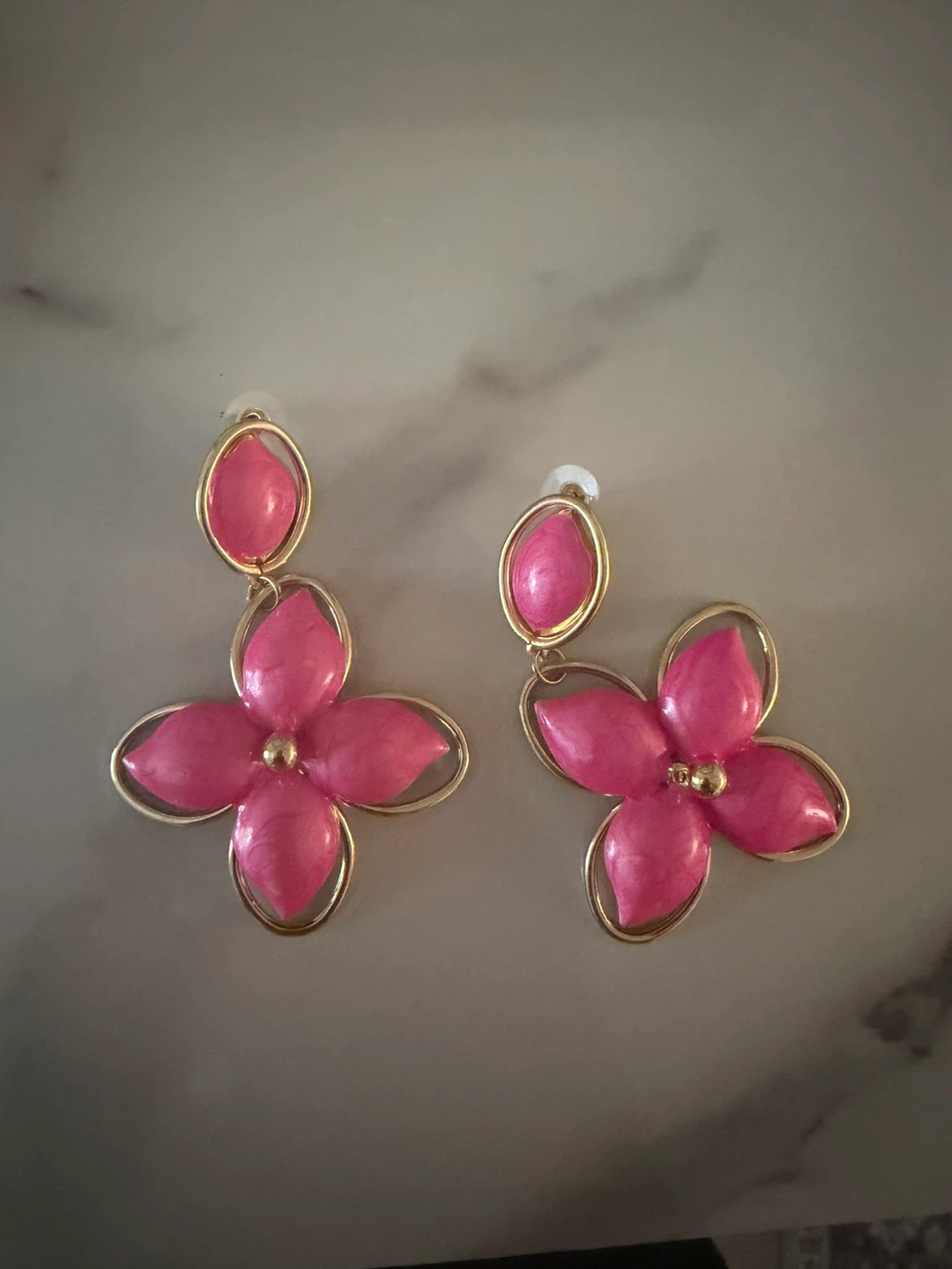 Pink Flower Dangle Earrings with Gold Tone