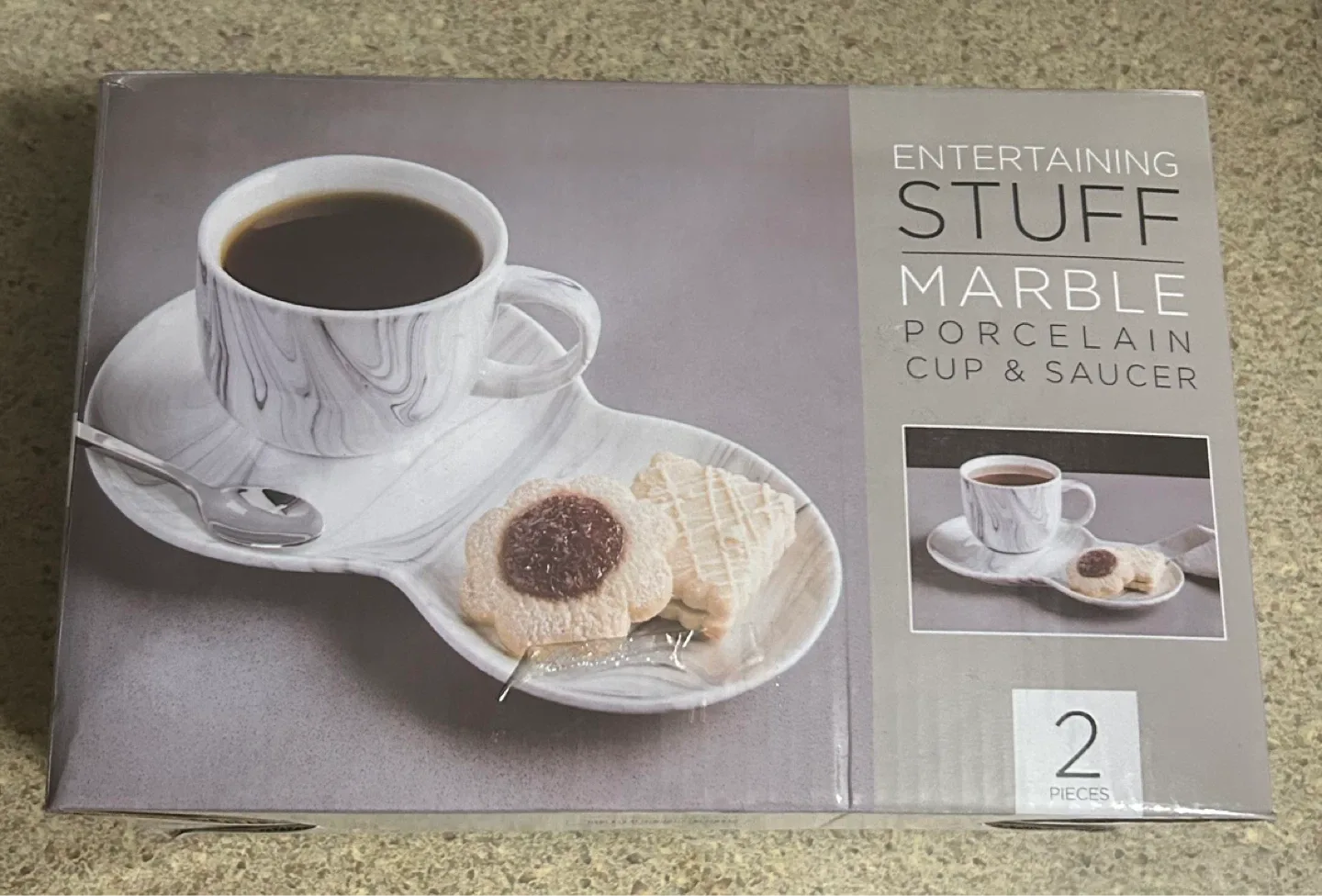 Entertaining Stuff Marble Porcelain Cup & Saucer Set (2 Pieces)