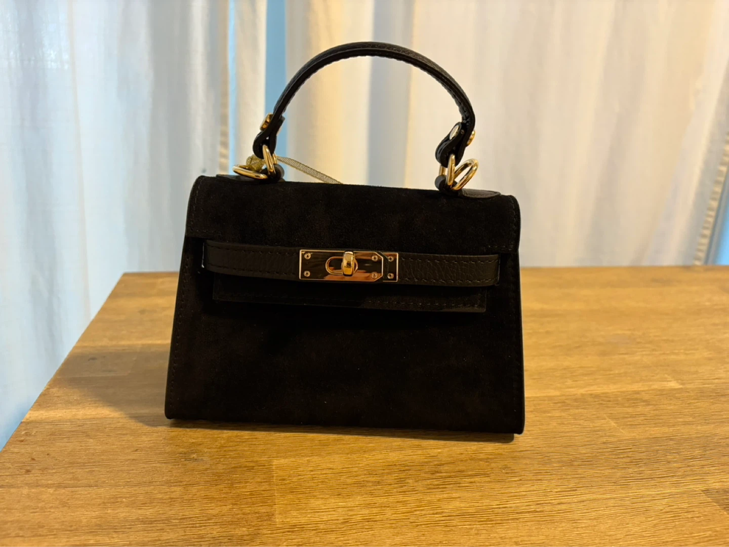Borse in Pelle Black Suede and Leather Top Handle Handbag