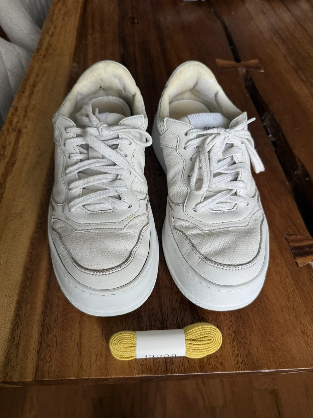 White Gucci Leather Sneakers with Yellow Laces