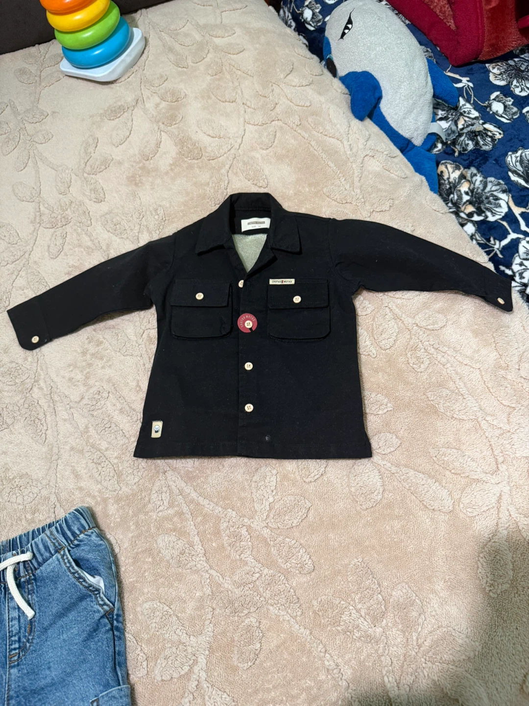 Boys Black Button-Up Shirt & Denim Cargo Pants Set