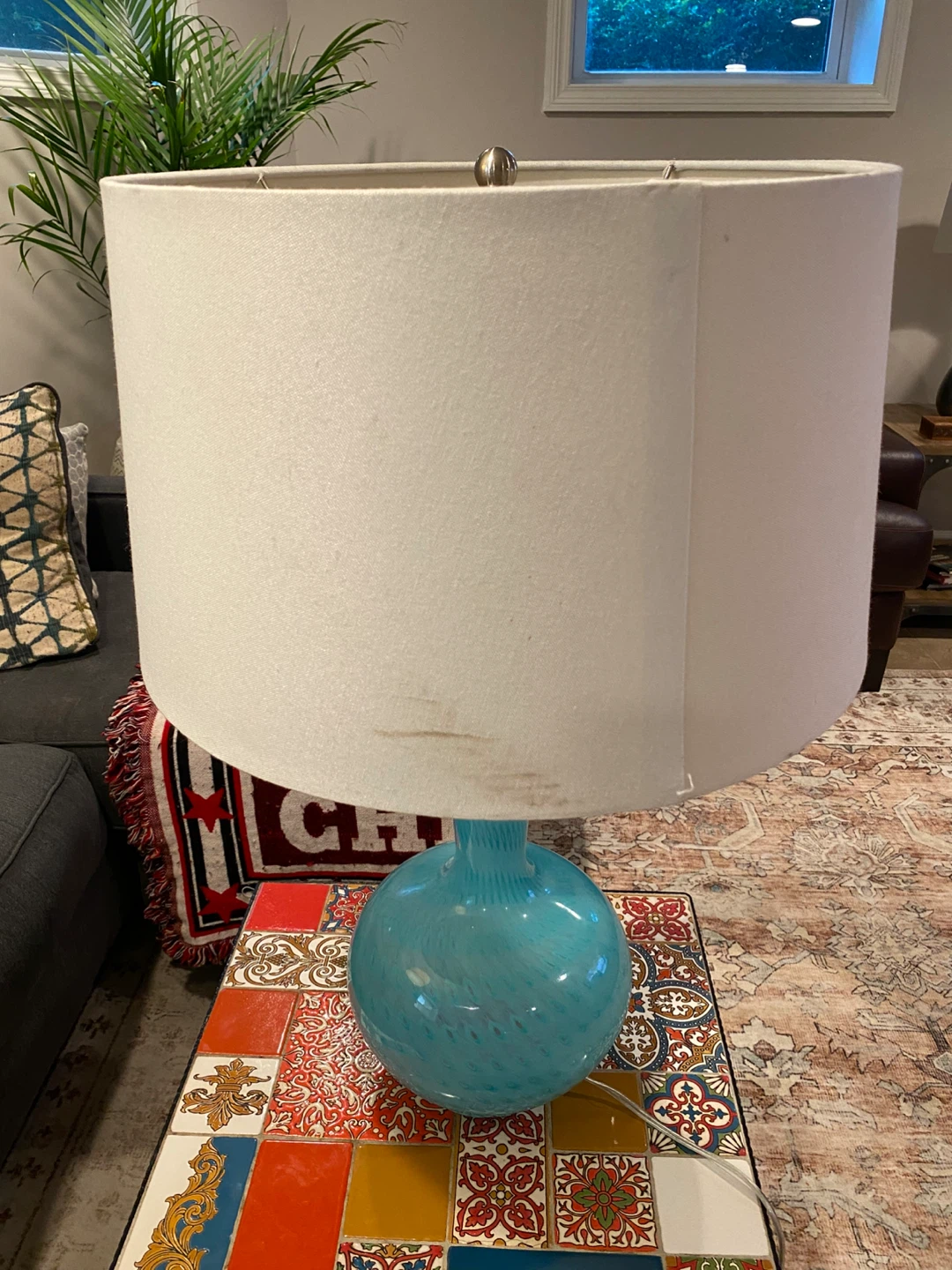 Turquoise Blown Glass Table Lamp with White Drum Shade - photo 2