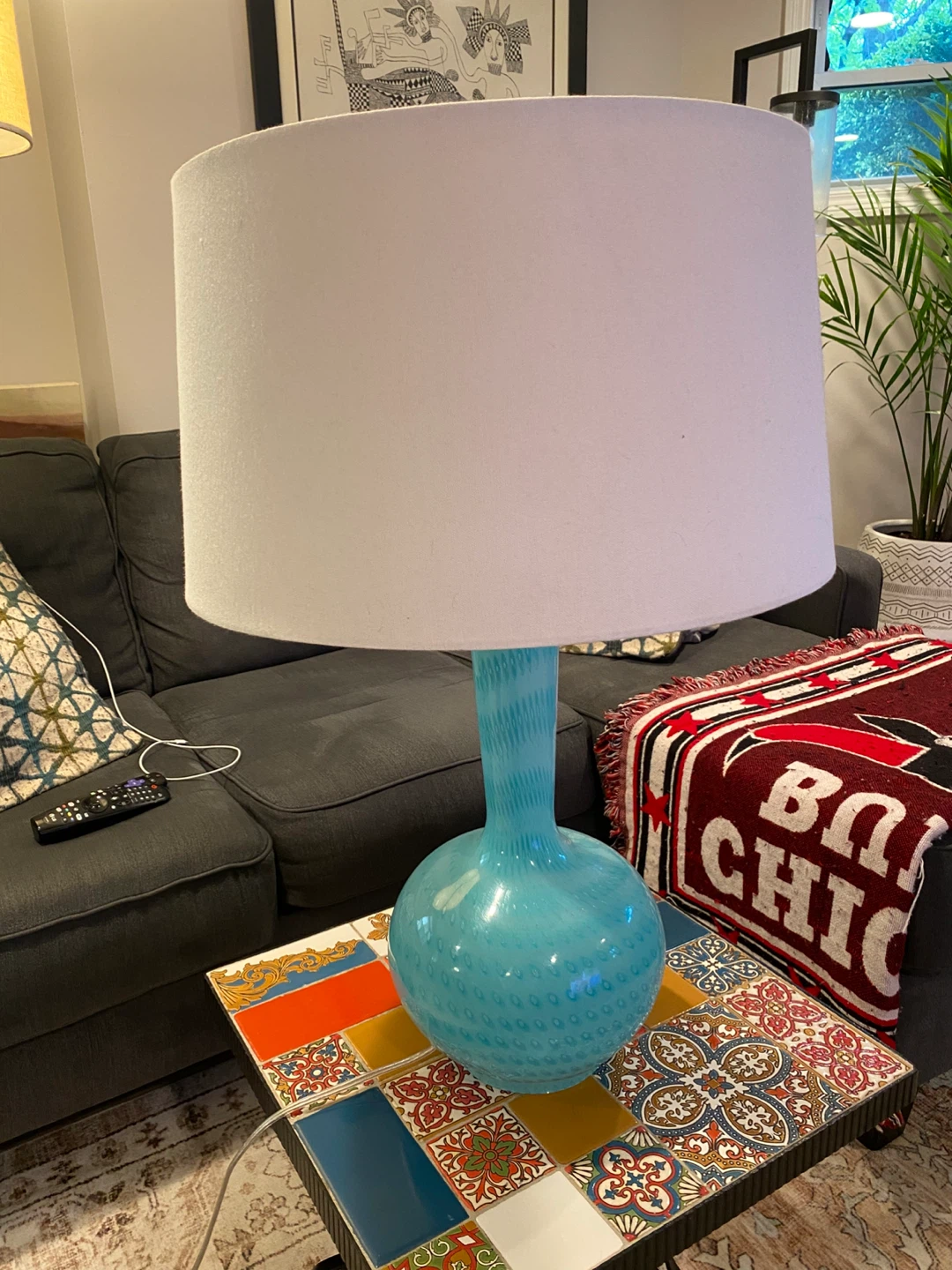 Turquoise Blown Glass Table Lamp with White Drum Shade