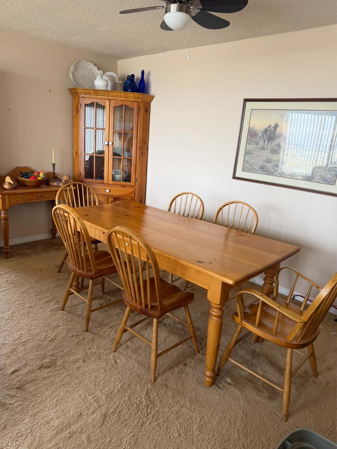 6ft long Wooden Pine Dining Table With 6 Windsor Chairs