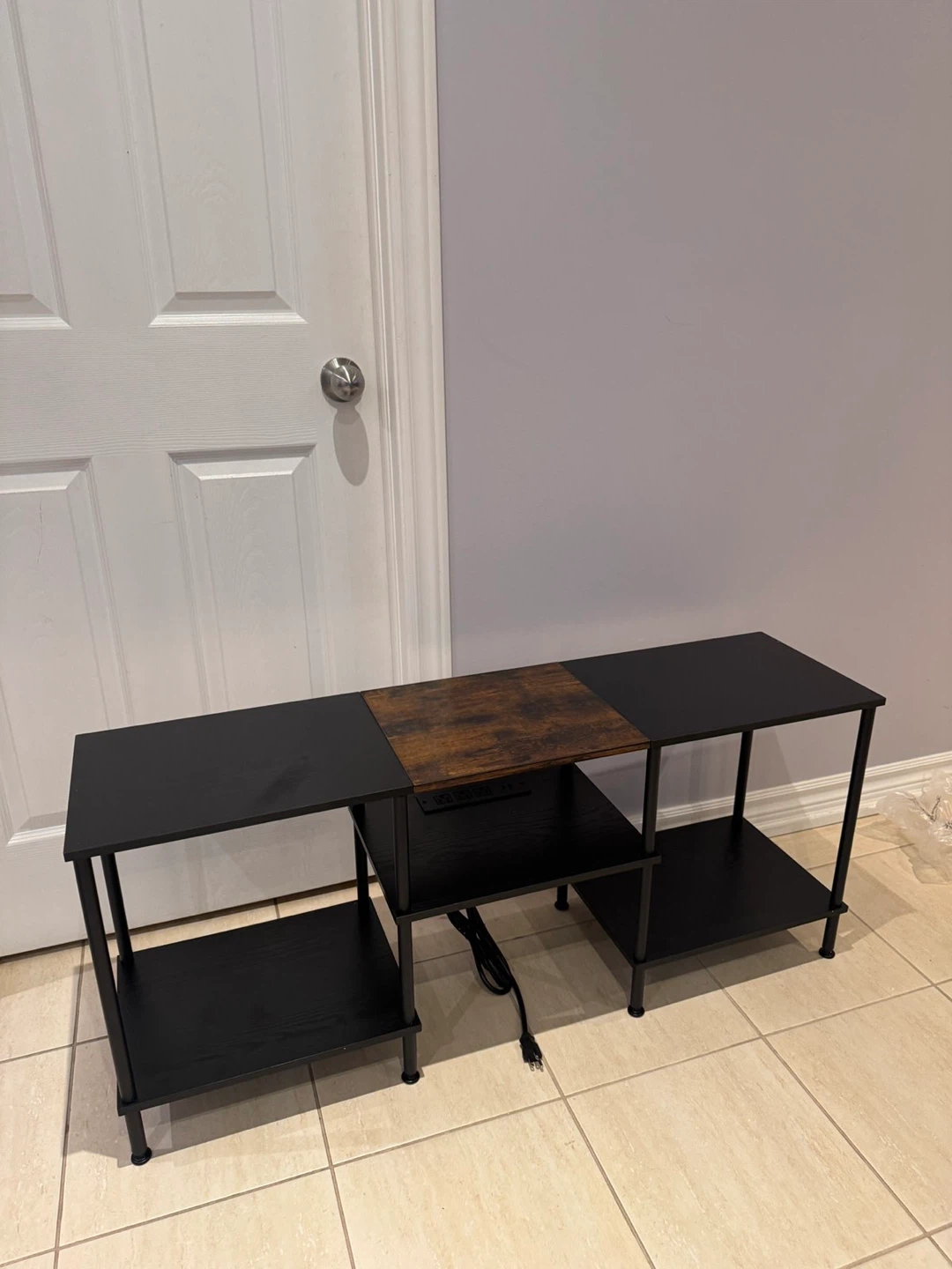 Black TV Stand with Built-in Power Outlets and LED Lights