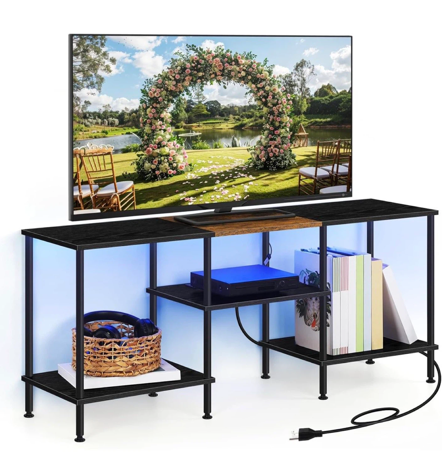 Black TV Stand with Built-in Power Outlets and LED Lights - photo 5