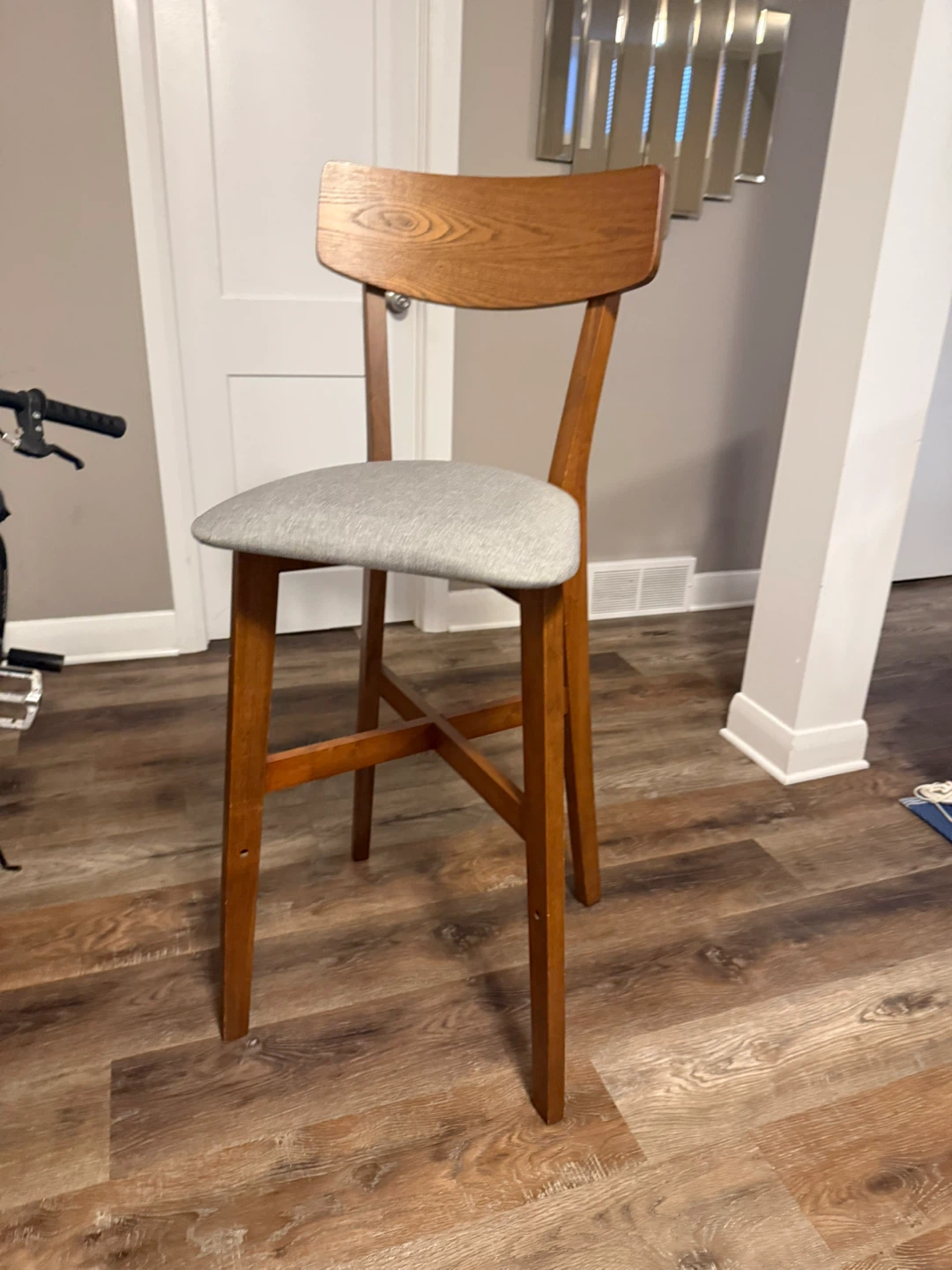Wooden Bar Stool with Grey Upholstered Seat - photo 3