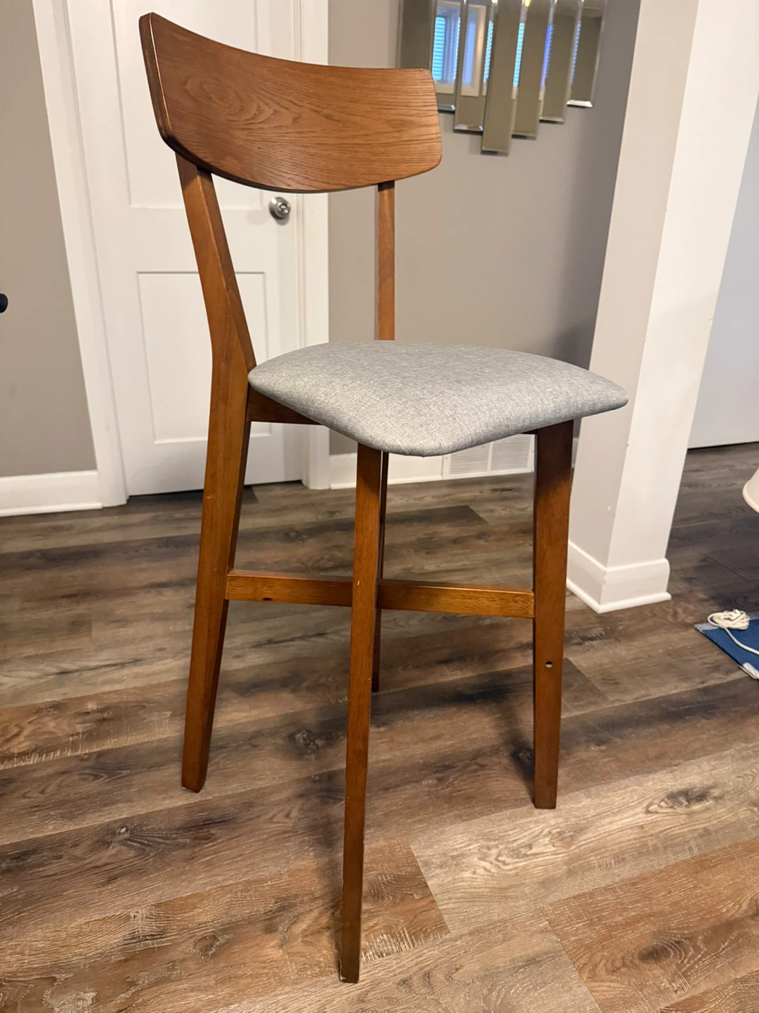 Wooden Bar Stool with Grey Upholstered Seat