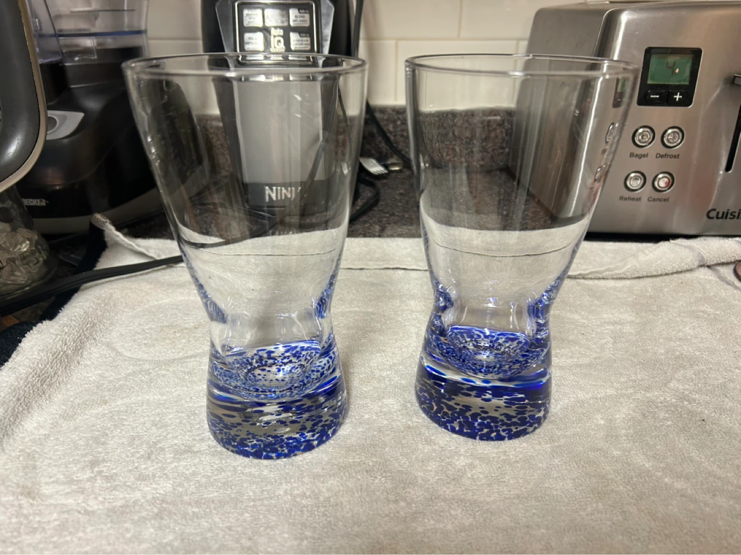 Set of 2 Decorative Blue and Silver Speckled Glass Tumblers