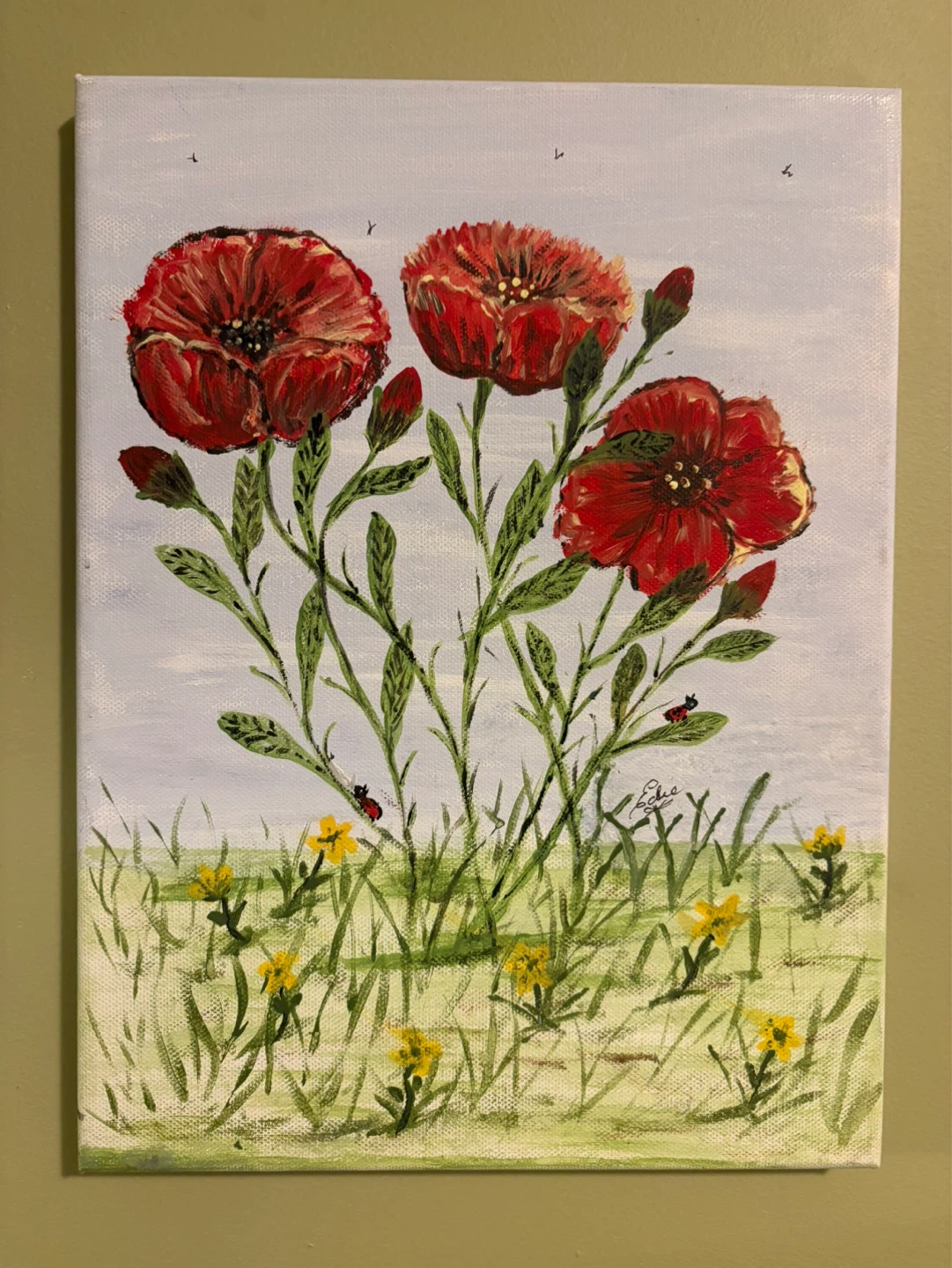 Original Acrylic Painting - Red Poppies and Ladybugs