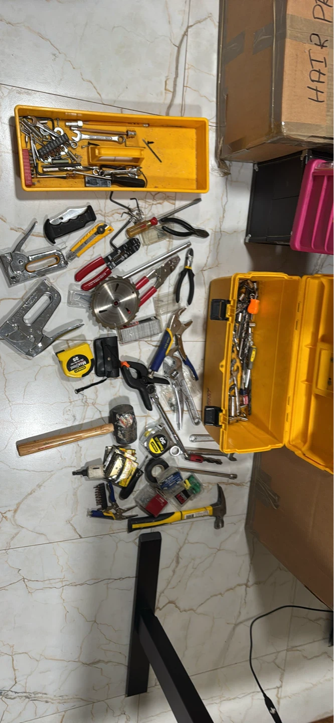 Yellow Plastic Toolbox with Assorted Tools