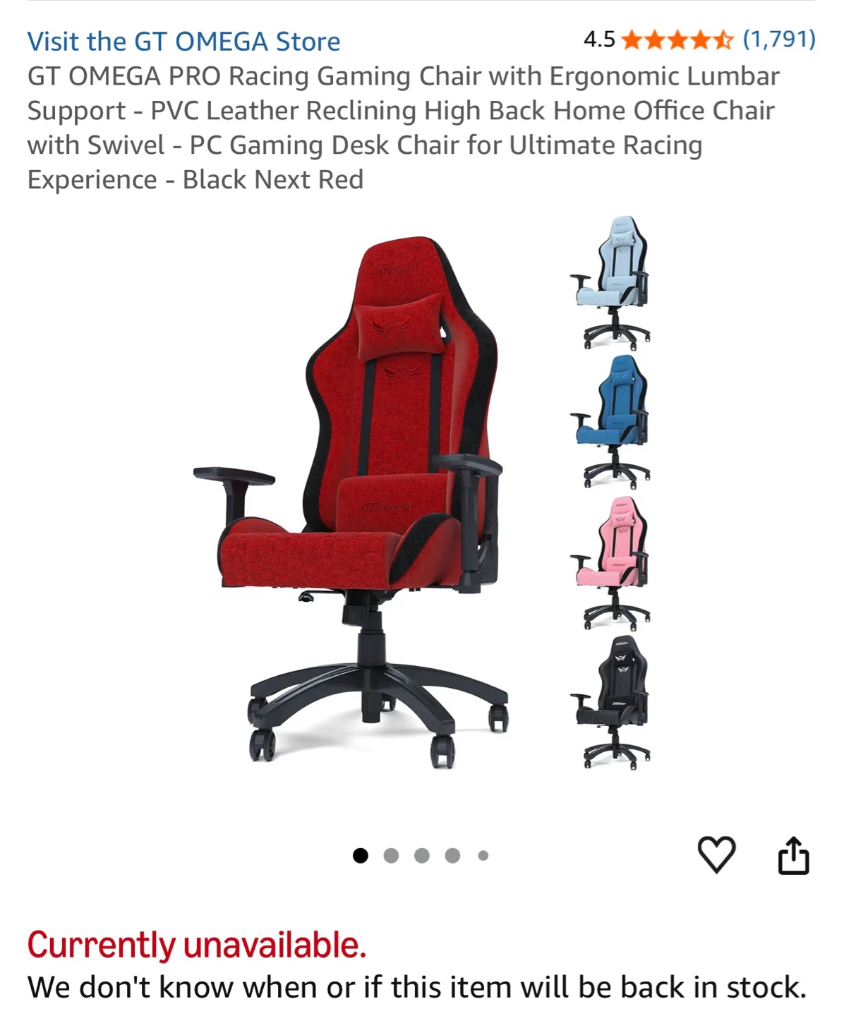 GT Omega Pro Racing Gaming Chair - Red
