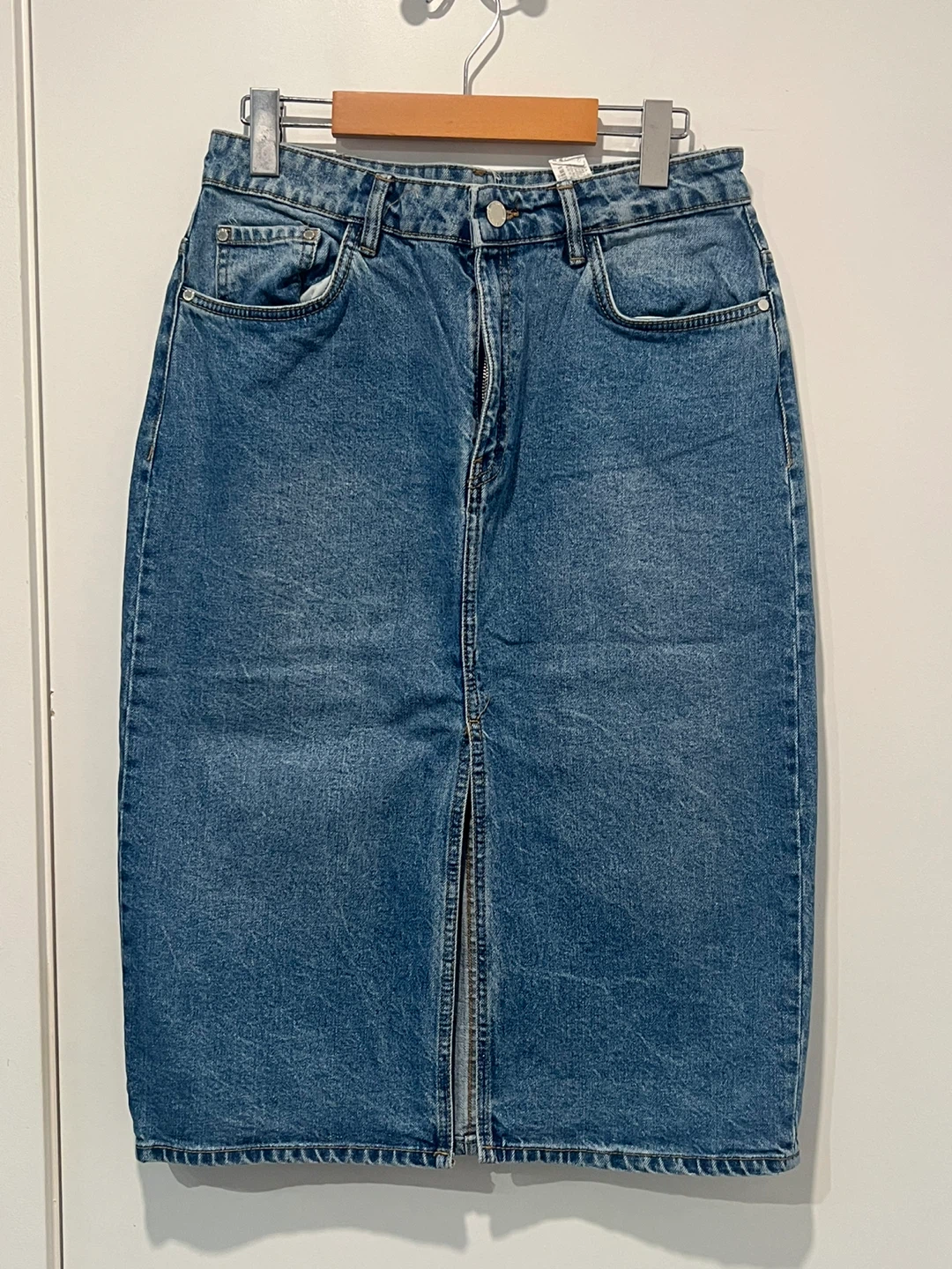 New Zara Denim Midi Skirt - Front Slit - Large